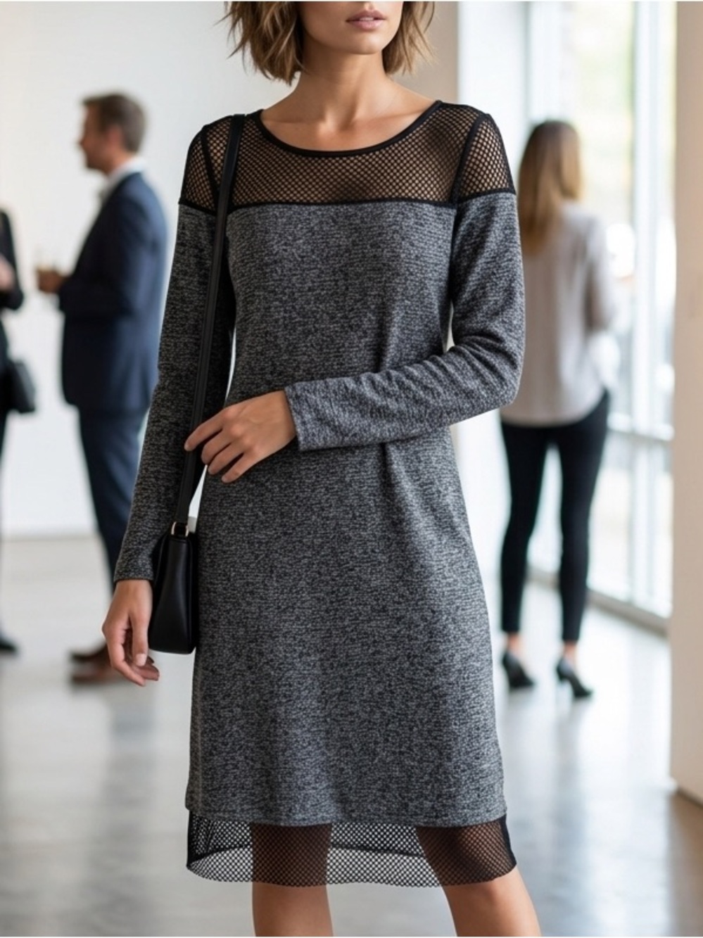 Poetic Justice Gray Knit Dress Sheer Mesh Yoke Long Sleeve Casual